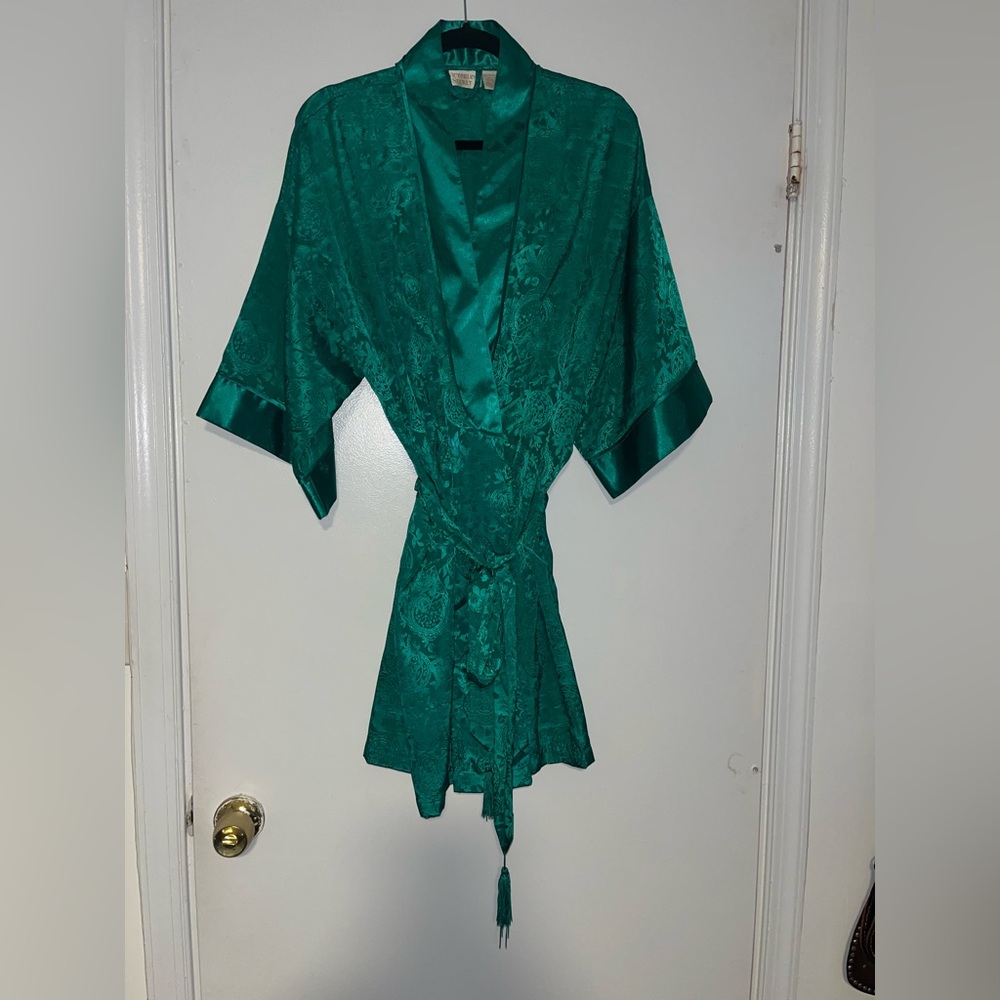 Vintage Victoria’s Secret Gold Label Satin Kimono Robe | Emerald Green One Size - Picture 3 of 9
